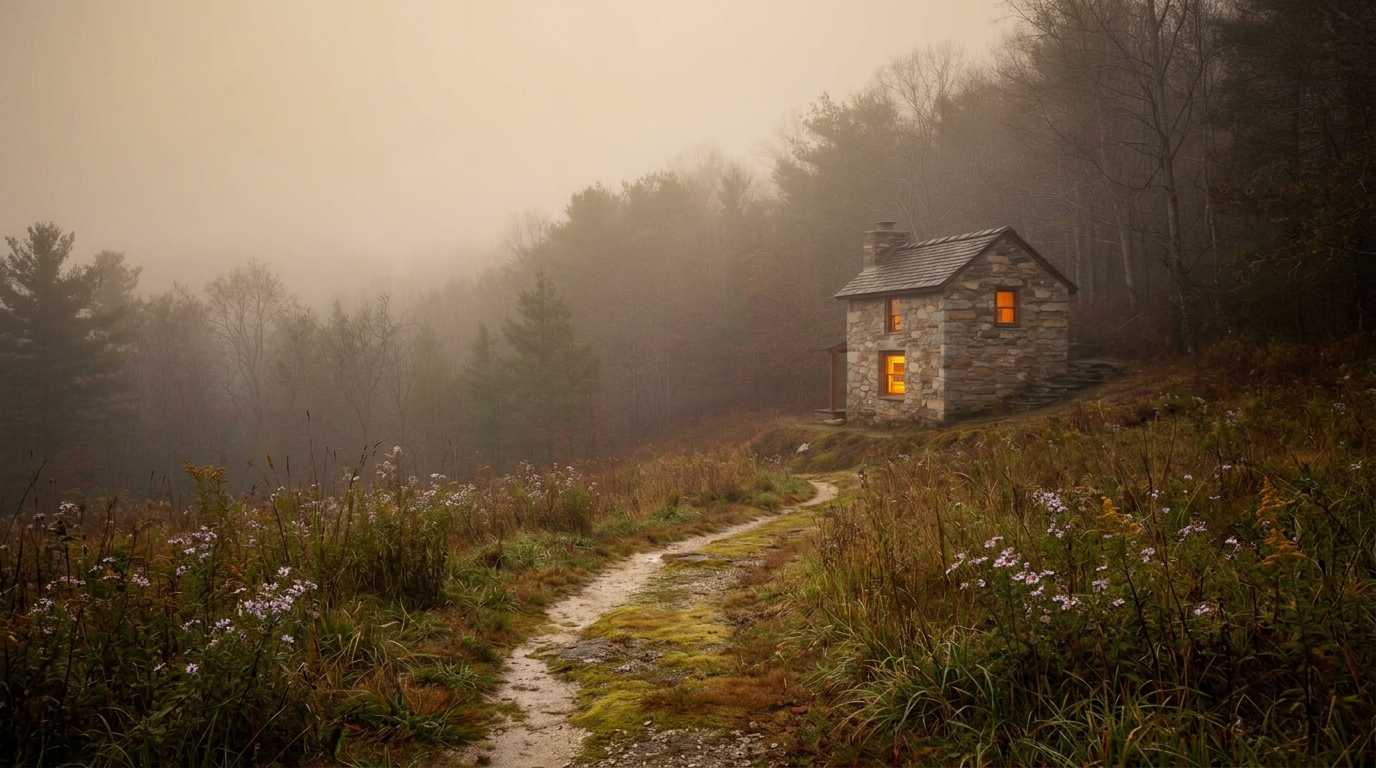 A small stone cottage at the edge of a North Georgia treeline in early morning mist, warm light glowing from a ground-floor window