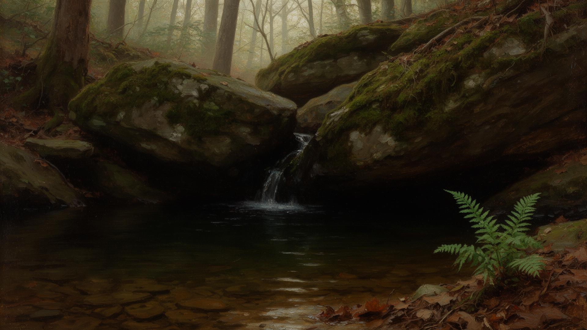A still pool at the foot of mossy rocks where a wellspring surfaces from underneath